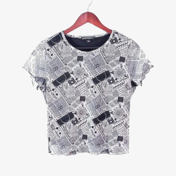 Source Unknown Tops - Harper & Ivy Women’s Top Y2K Grunge Newspaper Print Mesh Sheer Layer Size Large